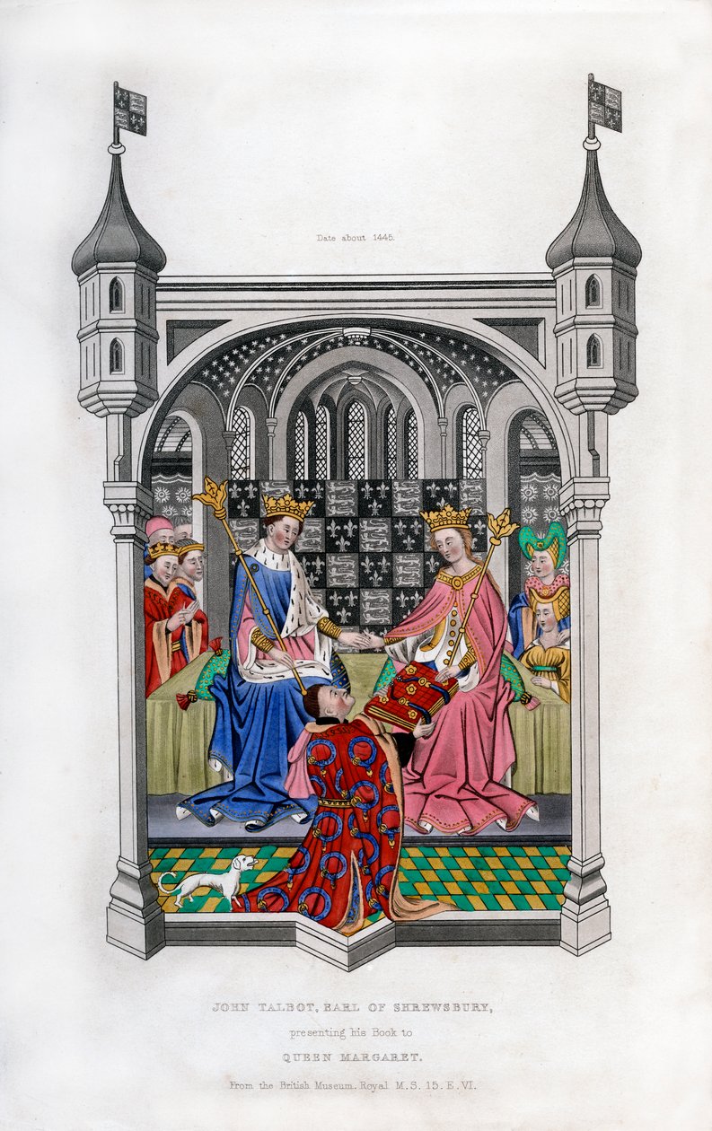 Earlen av Shrewsbury presenterar sin bok för drottning Margaret, c1445, 1843. av Henry Shaw