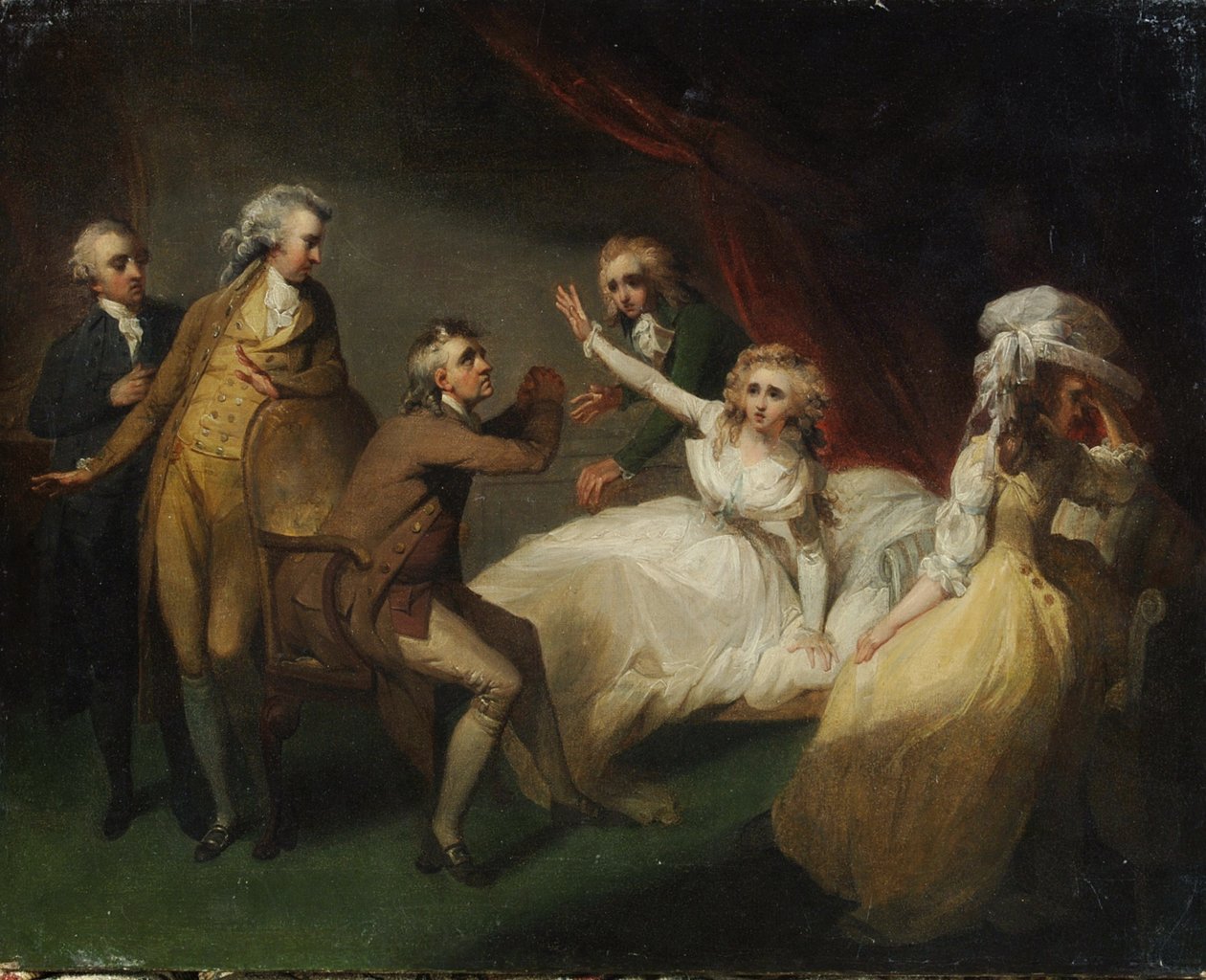 Camilla återhämtar sig från sin svimning, illustration av en scen från "Camilla", eller "En bild av ungdom", publicerad 1796 av Henry Singleton