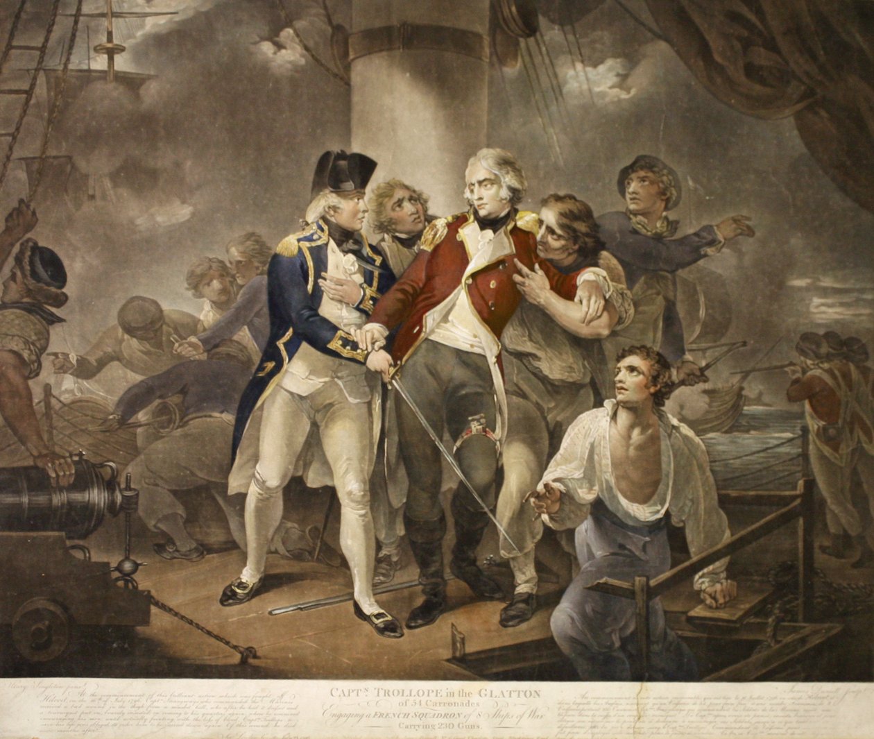 Capt. Trollope in the Glatton of 54 Carronades Engagerar en fransk skvadron på 8 krigsfartyg som bär 230 kanoner, graverad av James Daniell, 1797 (mezzotint) av Henry Singleton