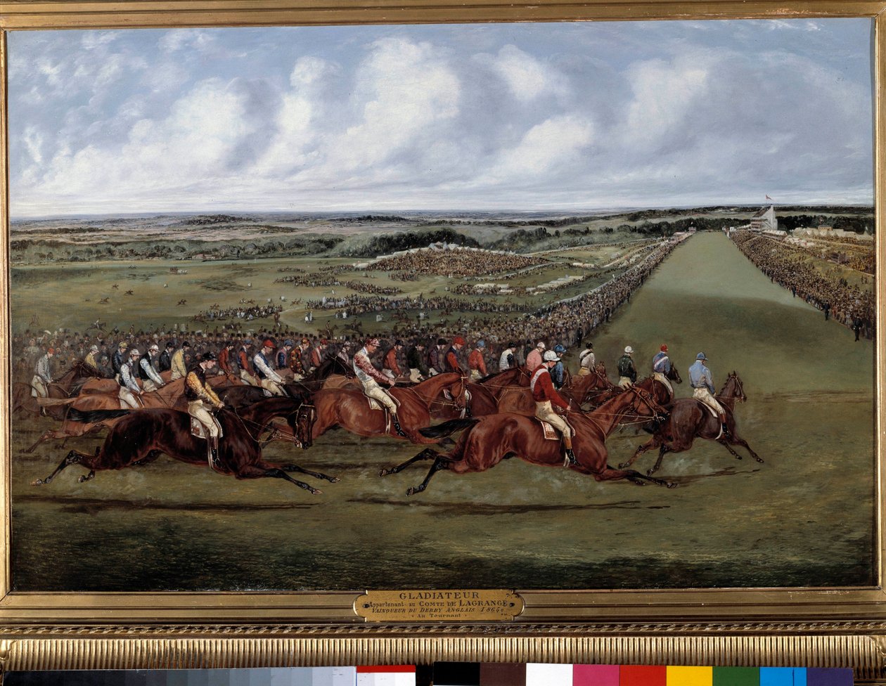 Vid vändningen, Gladiator-vinnare av det engelska derbyt Målning av Henri Alken (1774-1850) 1865. Paris, Societe-uppmuntran - Vid vändningen, “” Gladiateur””” vinnare av det engelska derbyt. Målning av Henry Alken (1774-1850) 1865. Societe d