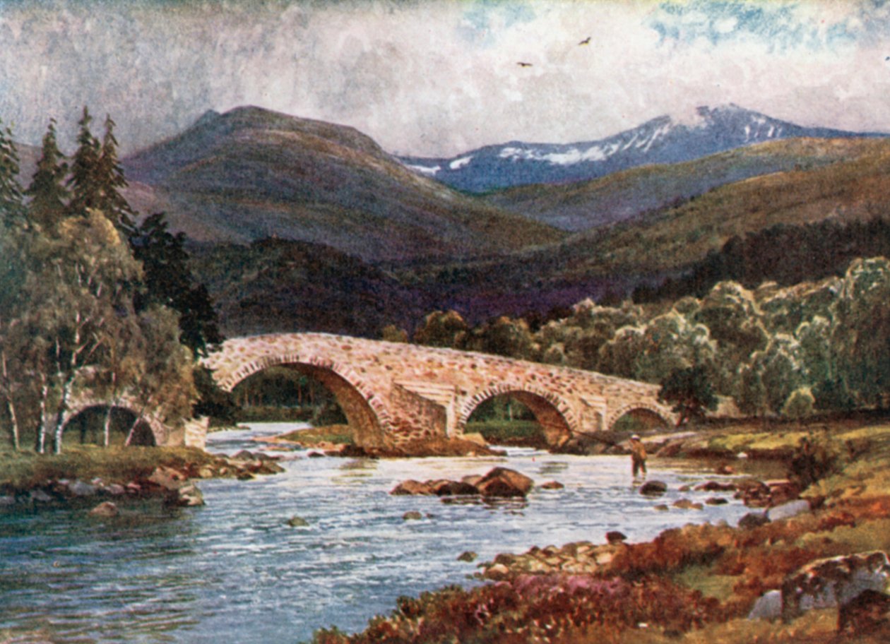 Old Mar Bridge och Lochnagar, Aberdeenshire (färglitografi) av Henry Sutton Palmer