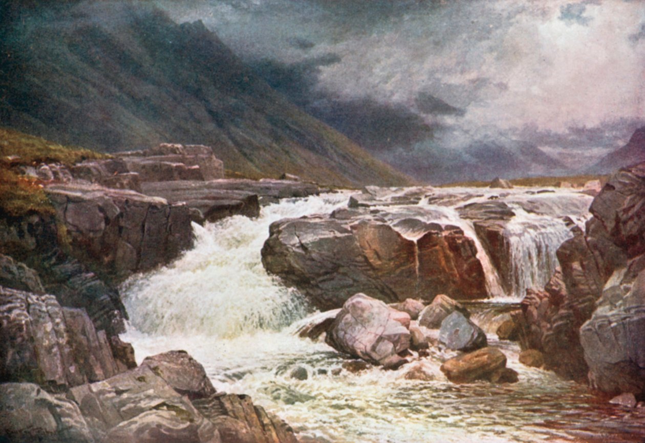 River Coe, Glencoe, Argyllshire (färglitografi) av Henry Sutton Palmer