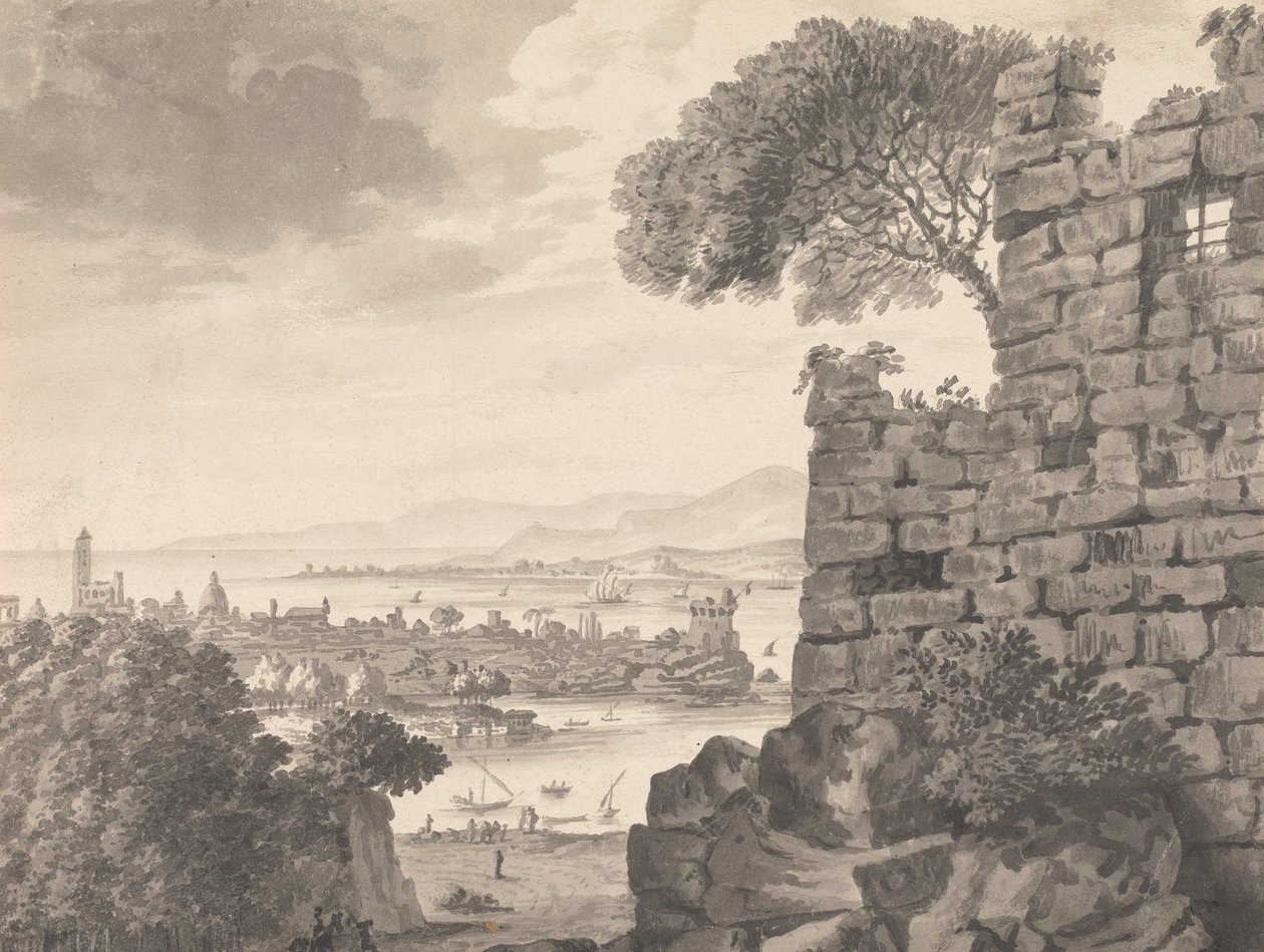 Landskap med ruiner i förgrunden, hamnen och byn, i bakgrunden av Henry Swinburne