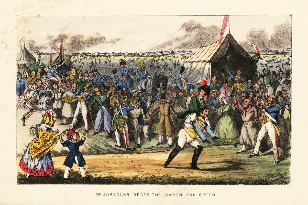 Engelska herrar som spelar på ett ovanligt fotlopp under ett hästkapplöpningsmöte på Champs de Mars, Paris av Henry Thomas (after) Alken