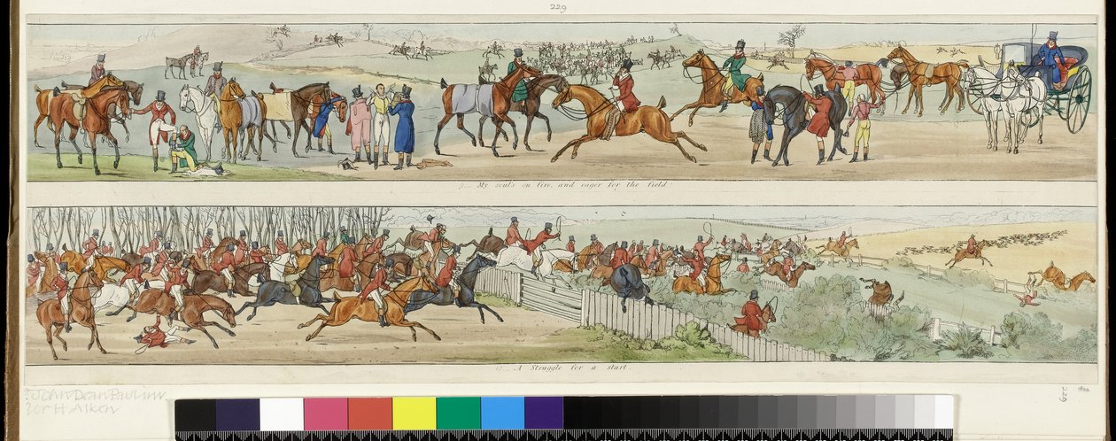 9. Min själ brinner och ivrig efter fältet! 10. En kamp för en början. En jaktresa till Melton Mowbray, 1822 av Henry Thomas Alken