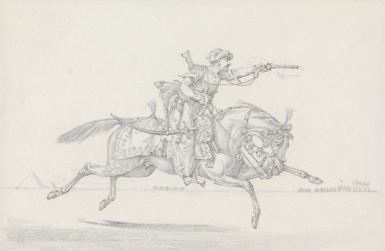 En laddande mameluk som avfyrar en pistol (grafit & röd krita på papper) av Henry Thomas Alken