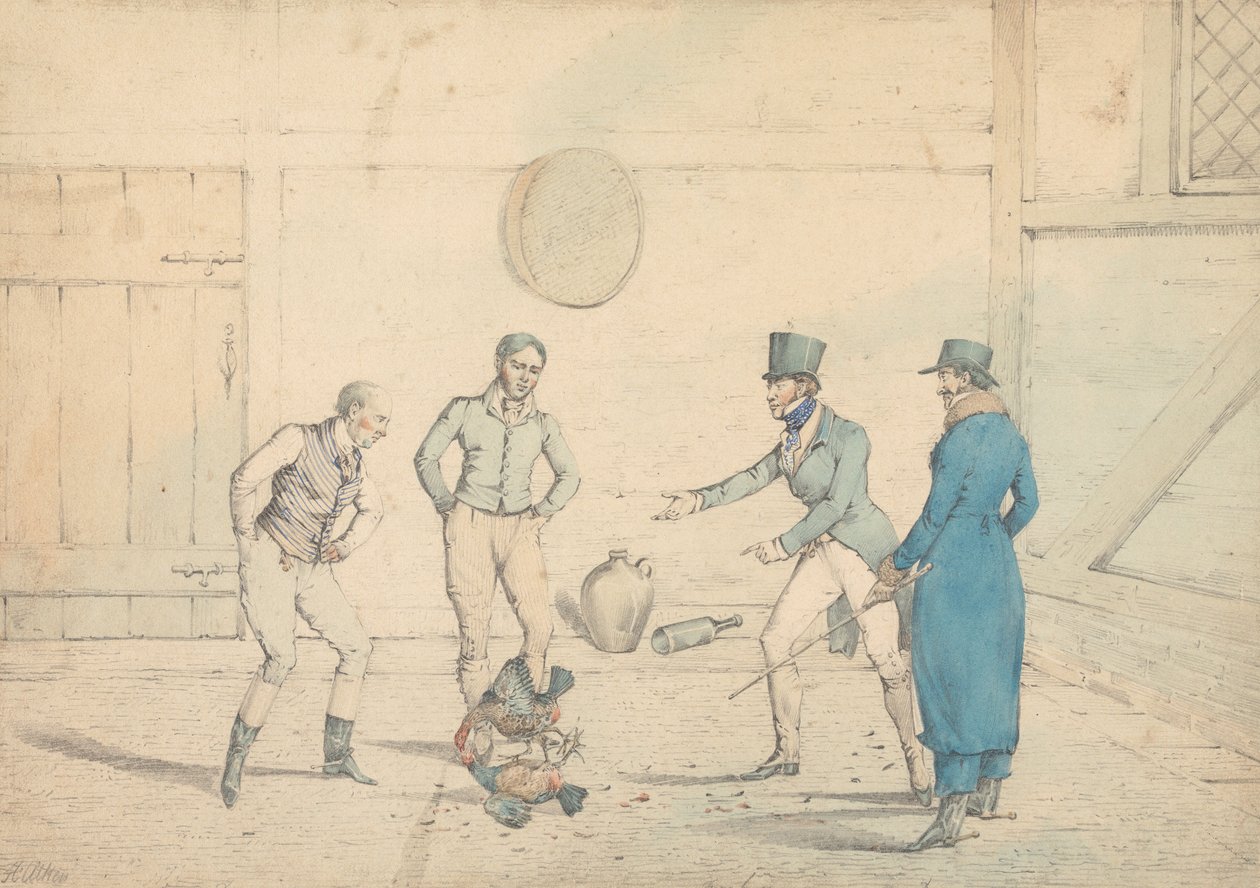 En tuppfäktning betraktad av fyra män i ett uthus: Kampen, graverad som plansch 39 i "The National Sports of Great Britain" av Henry Thomas Alken