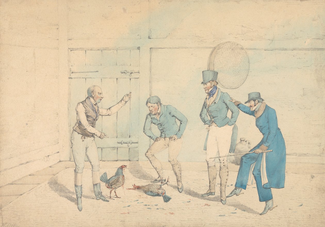 En tuppfäktning betraktad av fyra män i ett uthus: Döden, graverad som plansch 40 i "The National Sports of Great Britain" av Henry Thomas Alken