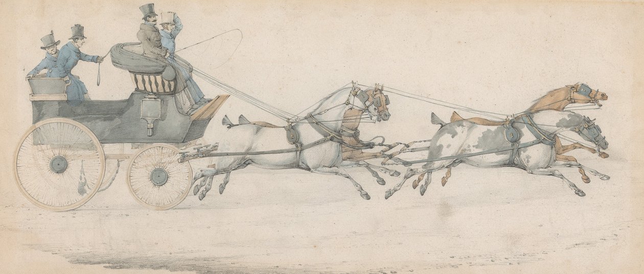 En gentleman kör ett fyrspann framför en postfajeton, åtföljd av tre stallpojkar av Henry Thomas Alken