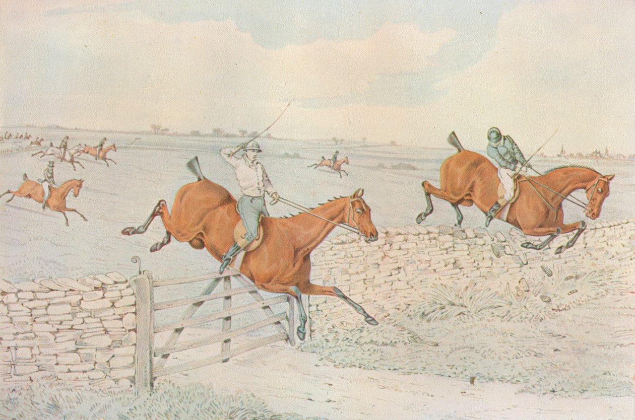 A Steeplechase: En smäll mot ett stenhölje. 5 till 4 på vitt, 1827 av Henry Thomas Alken