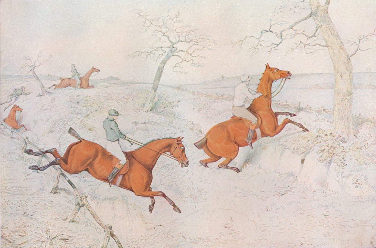 A Steeplechase: Korsar en djup ravin som är farlig att passera, 1827 av Henry Thomas Alken