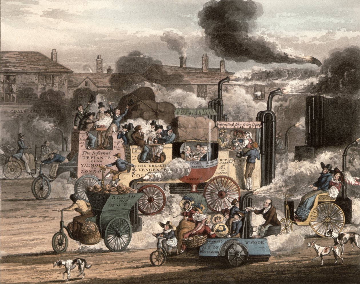 En vy av Whitechapel Road, från `Progress of Steam, 1828 av Henry Thomas Alken