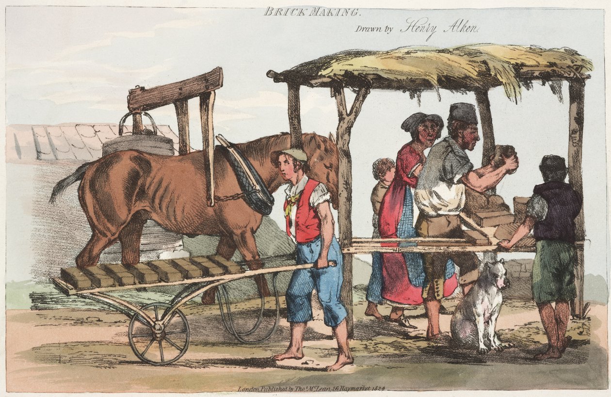 Brick Making, publicerad av Thomas Mclean från Haymarket, 1824 (färgad etsning) av Henry Thomas Alken