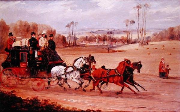 Dover till London Coach (olja på panel) av Henry Thomas Alken