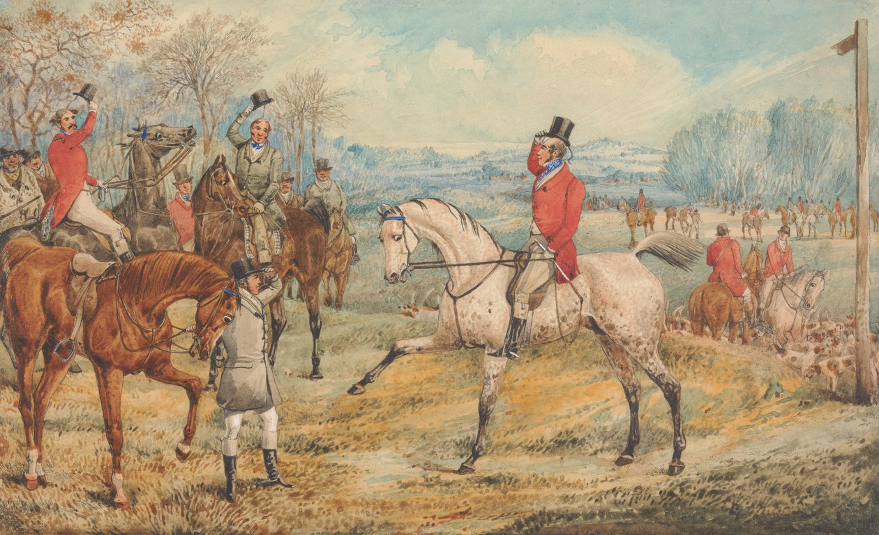 Illustration till R. S. Surtees ”The Analysis of the Hunting Field”: sammankomsten: ”Med ljusa ansikten och glada hjärtan” av Henry Thomas Alken