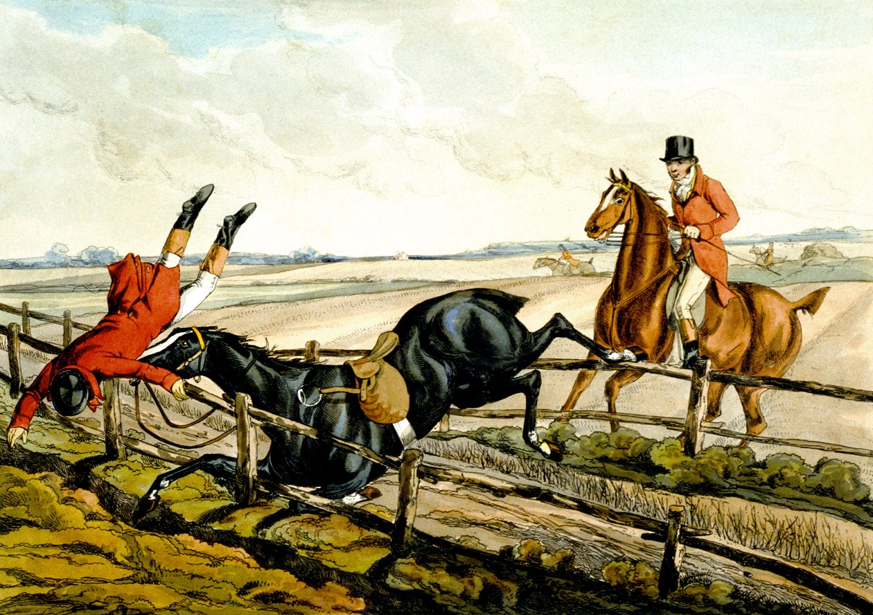 Missbedömning av hoppet, skylt från "Qualified Horses and Unqualified Riders" av Henry Thomas Alken