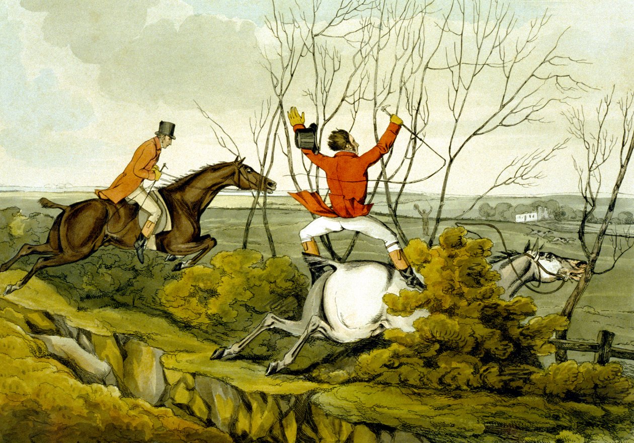 Plunging Through the Hedge, från "Kvalificerade hästar och okvalificerade ryttare" av Henry Thomas Alken