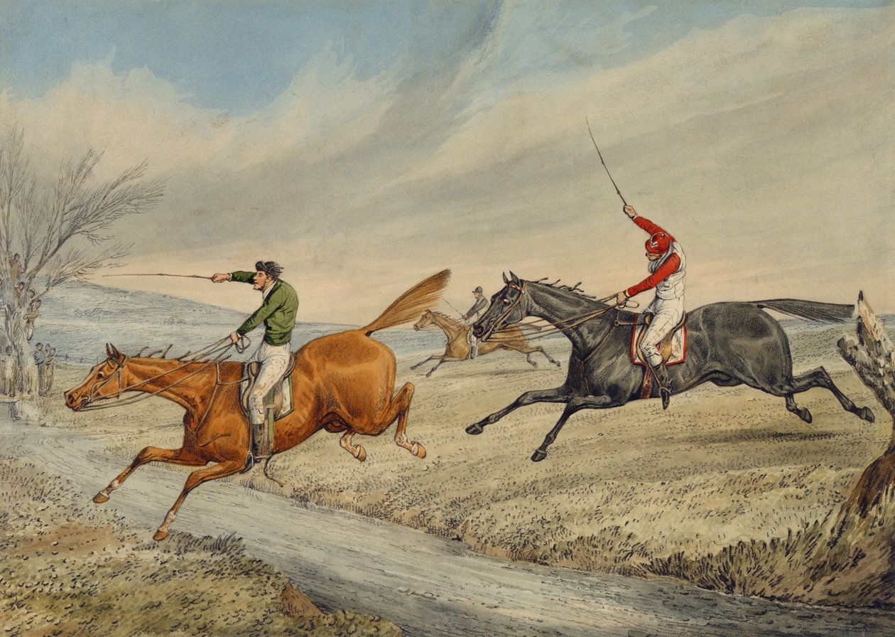 Steeplechasing: Three Riders Taking a Brook (penna och wc på papper) av Henry Thomas Alken