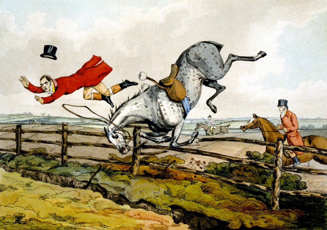 Att ta en kullerbytta, från "Qualified Horses and Unqualified Riders" (Kvalificerade hästar och okvalificerade ryttare) av Henry Thomas Alken