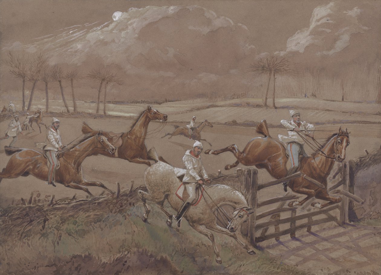 The Last Field nära Nacton Heath, plåt 3, från The First Steeple Chase on Record, graverad av J. Harris, tryckt av Ackermann, London 1839 (färgad akvatint) av Henry Thomas Alken