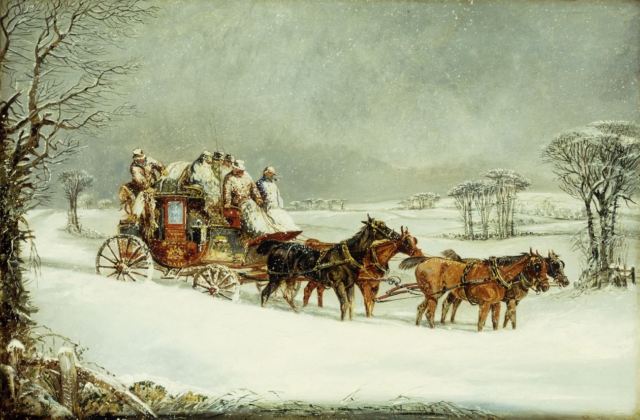 The York till London Royal Mail på den öppna vägen i vinter, av Henry Thomas Alken