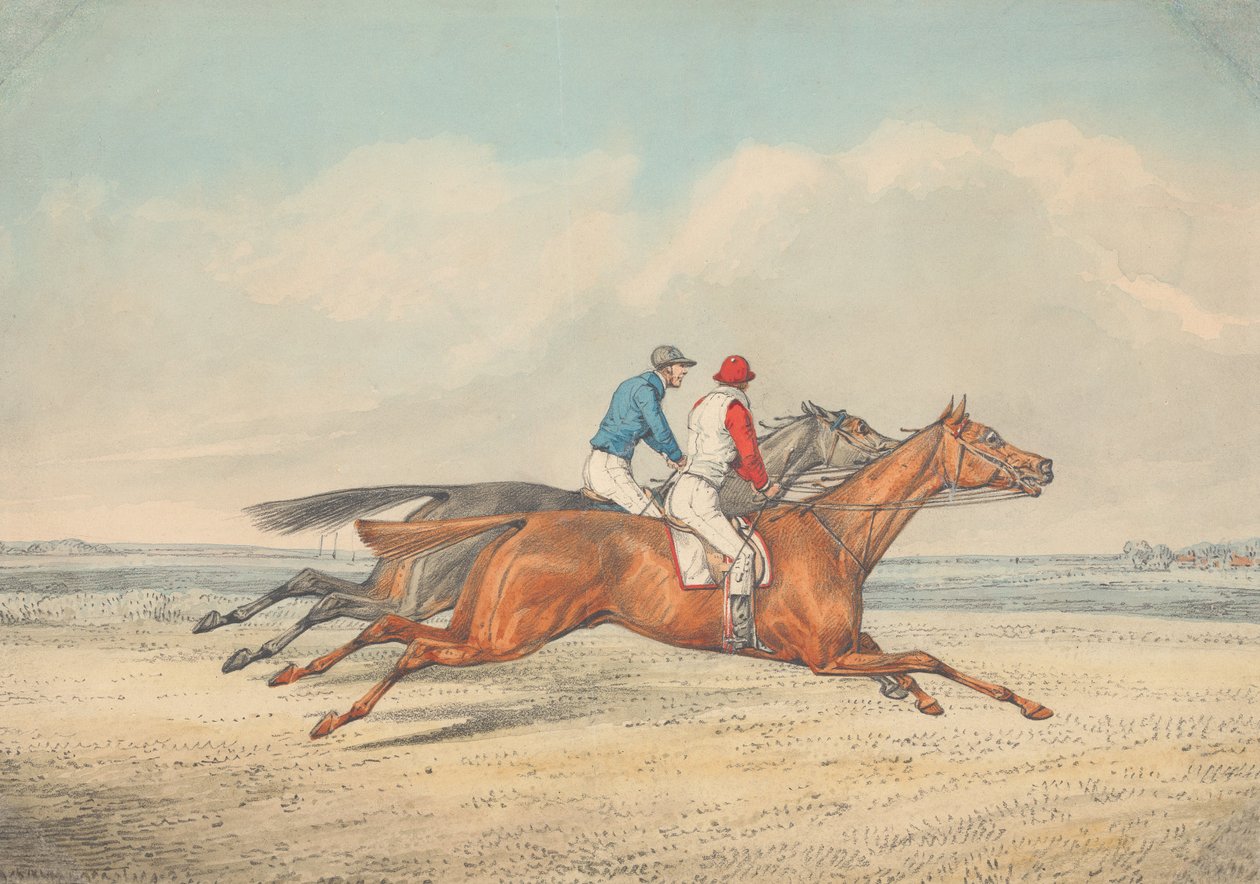 Två jockeyer galopperar sida vid sida åt höger av Henry Thomas Alken