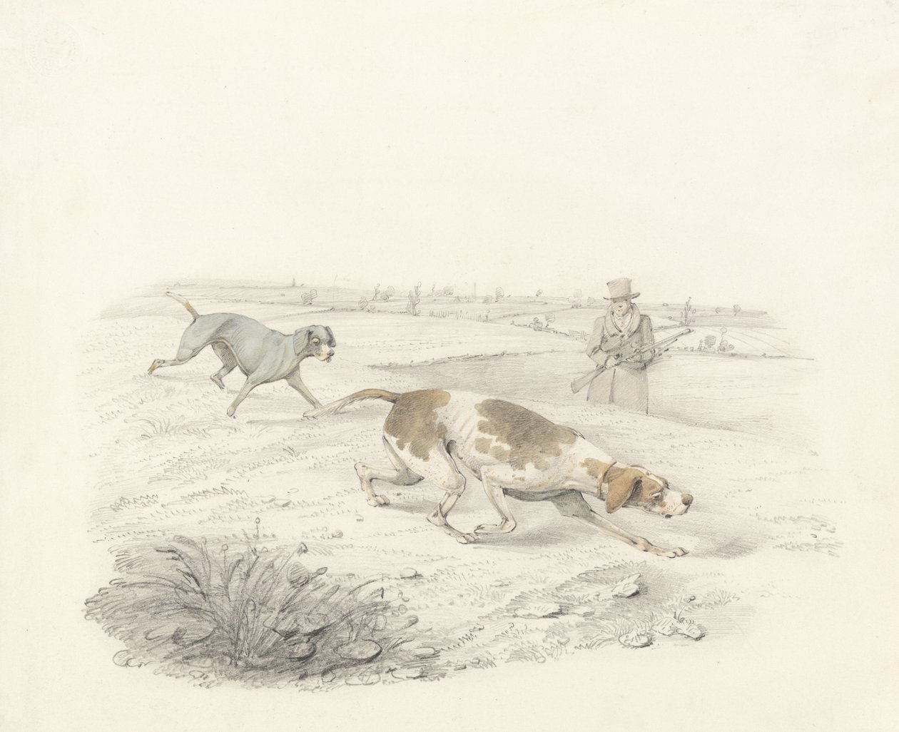 Two Pointers, vända åt höger med en Sportsman (grafit & wc på papper) av Henry Thomas Alken
