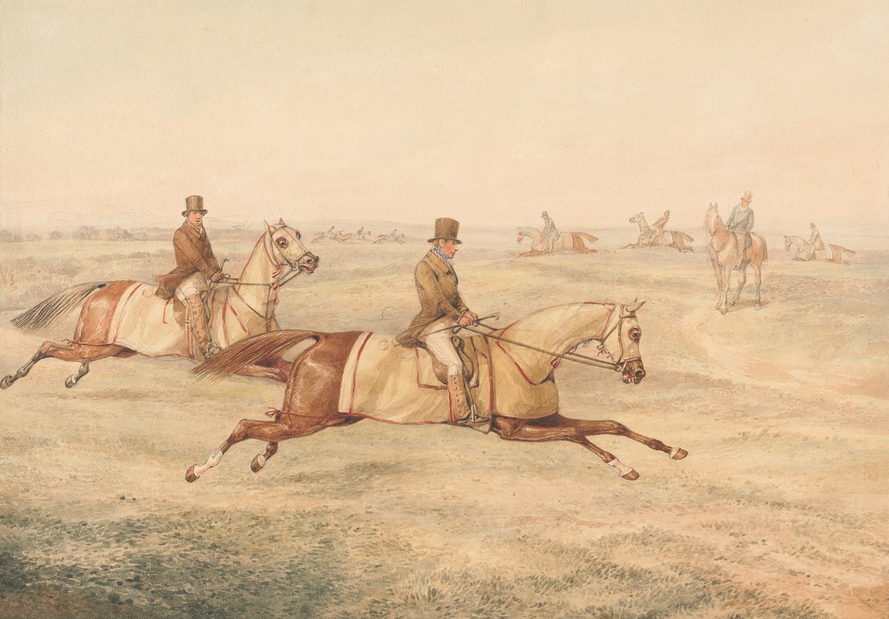 Två ryttare som tränar hästar i galopp av Henry Thomas Alken