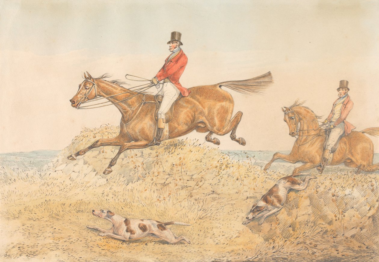Två ryttare och ett par jakthundar som hoppar över en mur av Henry Thomas Alken
