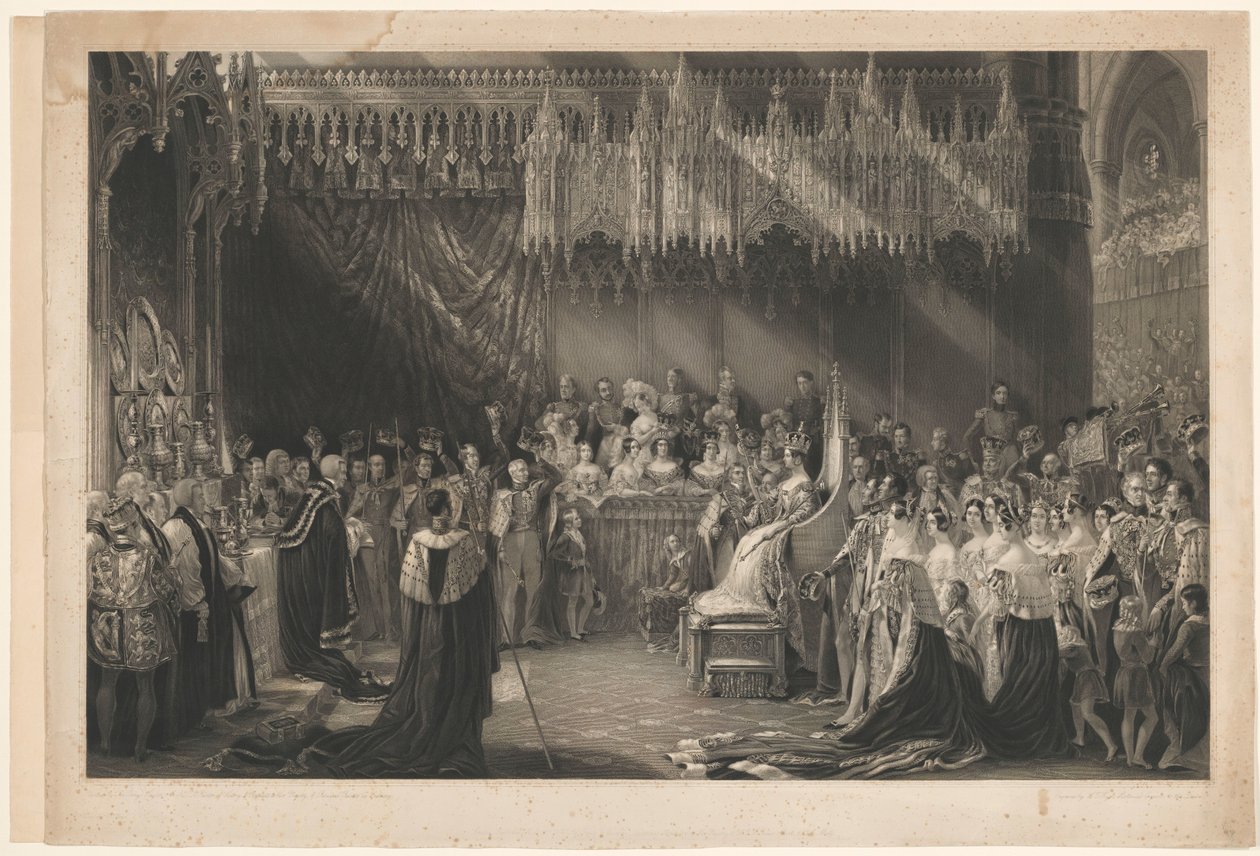 Kröning av drottning Victoria av England. Till George Hayter, adress till Graves och Warmsby. Träsnittsskiss och legend bifogas av Henry Thomas Ryall
