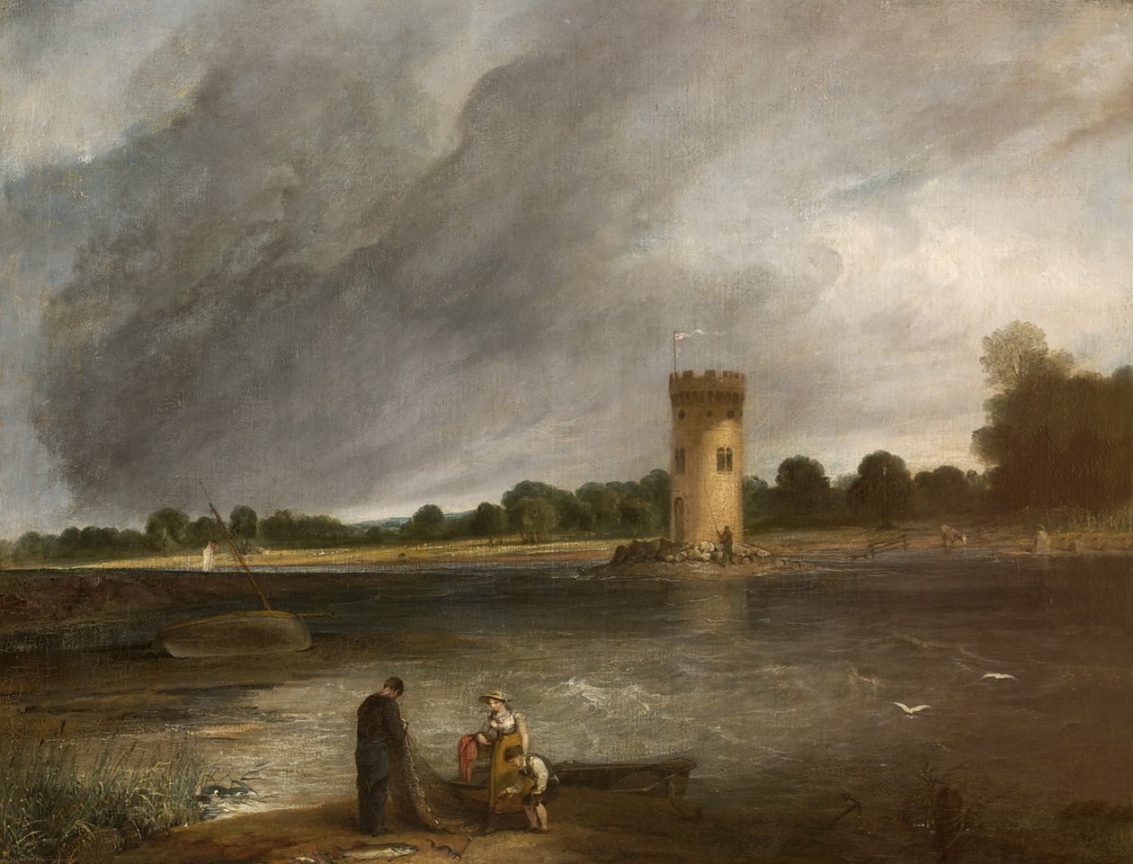 Tabley Lake and Tower, säte för Sir John Leicester, Bt av Henry Thomson