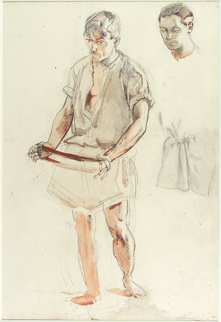 Man Standing: Studier av huvudet och skjortan (penna och wc på papper) av Henry Tonks
