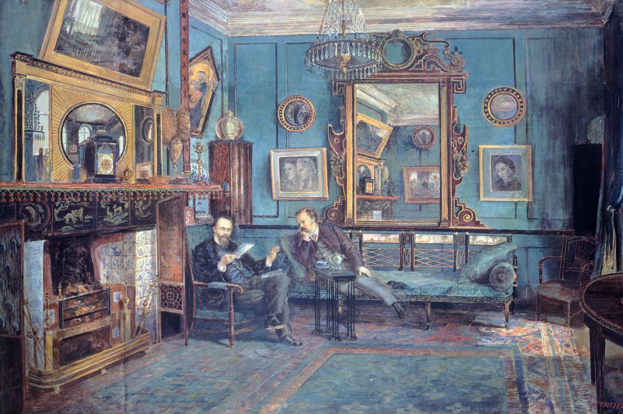 Dante Gabriel Rossetti läser dikt till Theodore Watts-Dunton i vardagsrummet av Henry Treffry Dunn (1838-1899) av Henry Treffry Dunn