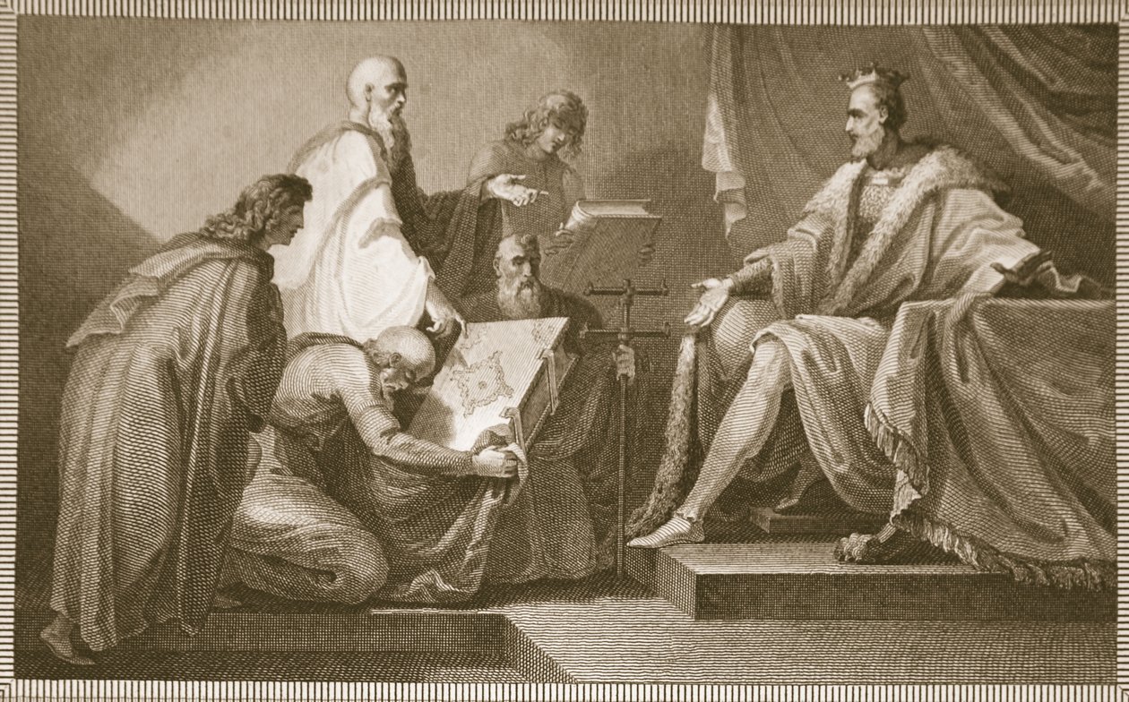 Doomsday Book presenterad för William the I, graverad av J. Fittler, illustration från David Humes "The History of England", pub. av R. Bowyer, London, 1812 av Henry Tresham