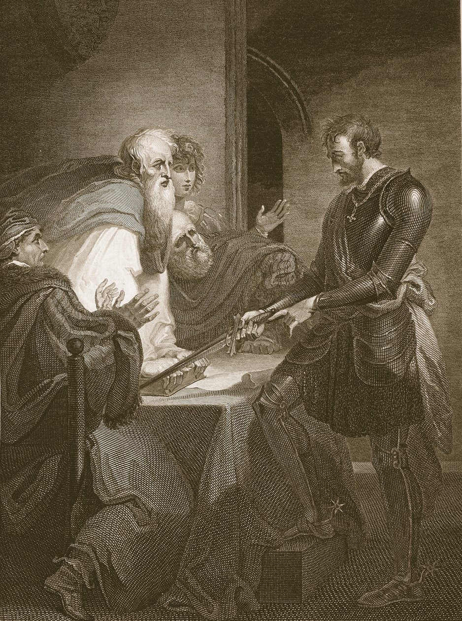 Earl Warenne som motiverar titlarna på sina egendomar, graverad av J. Fittler, illustration från David Humes "The History of England", utgiven av R. Bowyer, London, 1812. av Henry Tresham