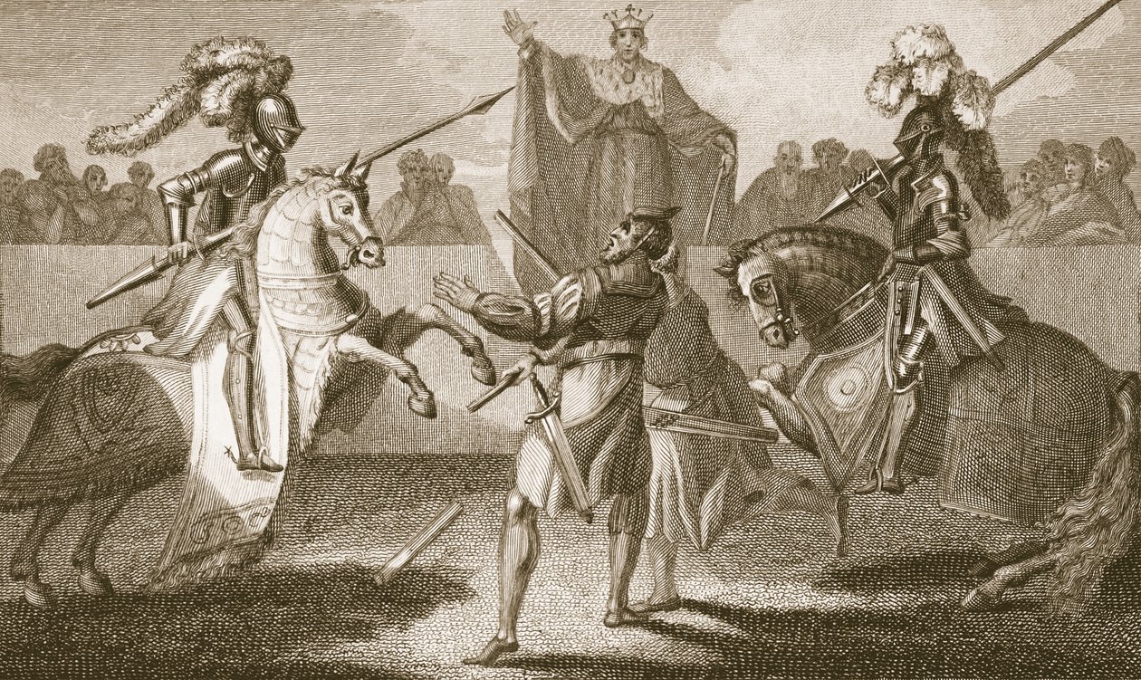 Richard II avbryter duellen mellan Hereford och Norfolk, illustration från David Humes "The History of England", pub. av R. Bowyer, London, 1812 av Henry Tresham