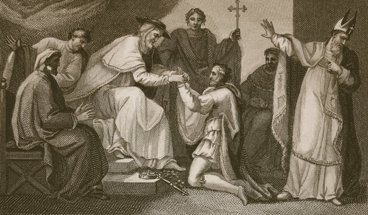Inlämning av John, graverad av Delatre, illustration från David Humes "The History of England", pub. av R. Bowyer, London, 1812 av Henry Tresham