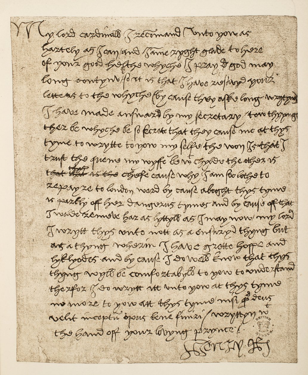 Faksimil av ett brev från Henry VIII till kardinal Wolsey daterat juli 1518, pub. 1902 (kollotyp) av Henry VIII