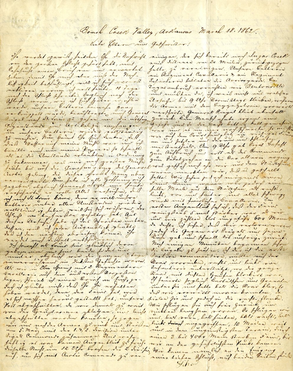 Letter signed Henry [Henry Voelkner], Brush Creek Valley, Arkansas, to his parents, brothers, and sisters, March 18, 1862 av Henry Voelkner