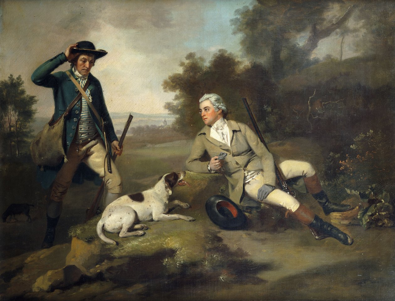 En gentleman som ligger tillbakalutad med en pistol och en hund och hans viltvaktare som står i närheten, av Henry Walton