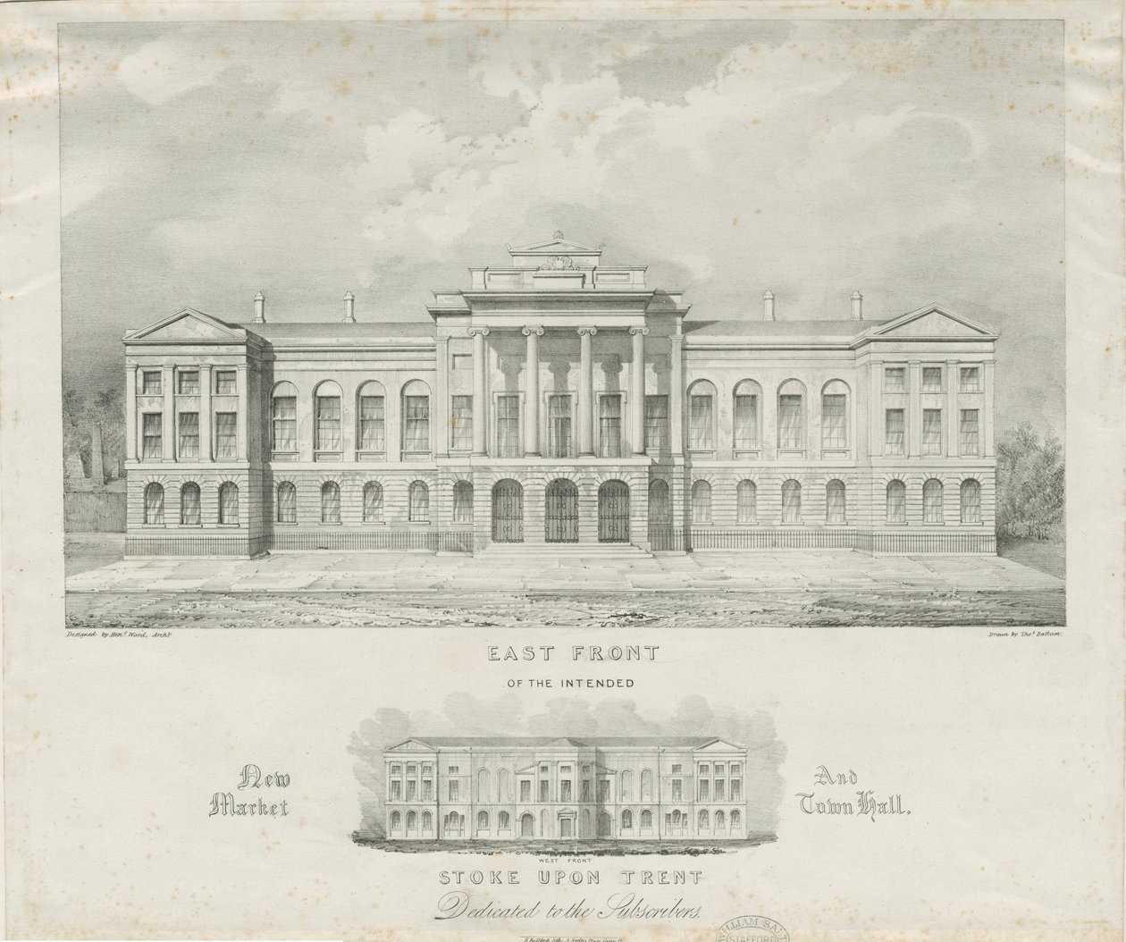 Stoke-upon-Trent - Avsedd ny marknad och rådhus: litografi, nd [c 1834] av Henry Ward