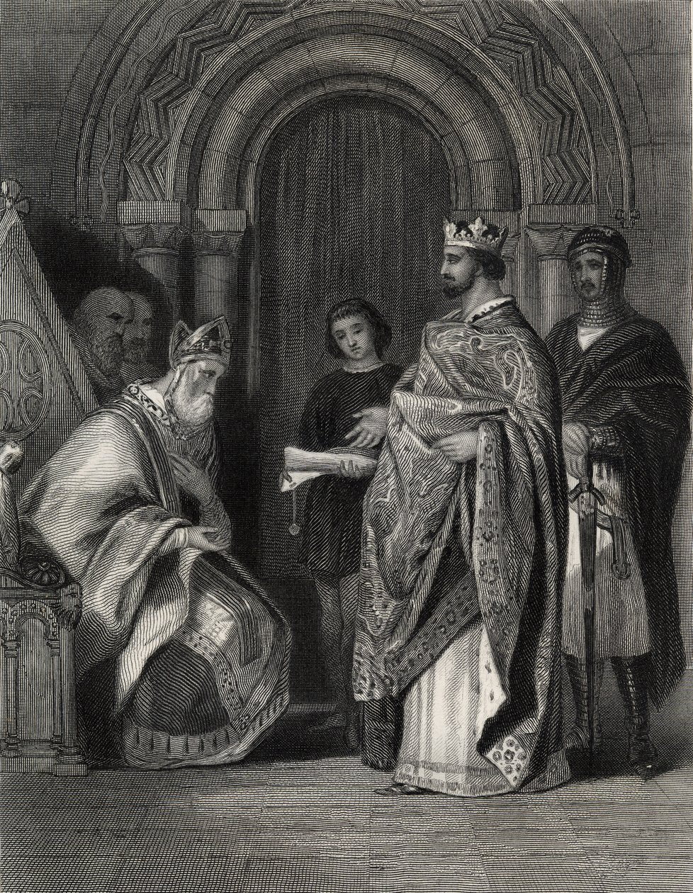 Henrik II presenterar påvens tjur till ärkebiskopen av Cashel, graverad av G. Greatbach av Henry Warren
