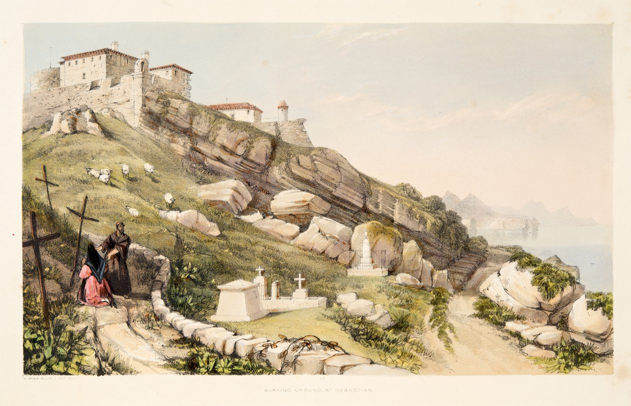 Burial Place of British Officers på Castle Hill of San Sebastian, från Sketches of scenery i de baskiska provinserna i Spanien, med ett urval av nationell musik ?, pub. 1838 (handfärgad gravyr av Henry Wilkinson