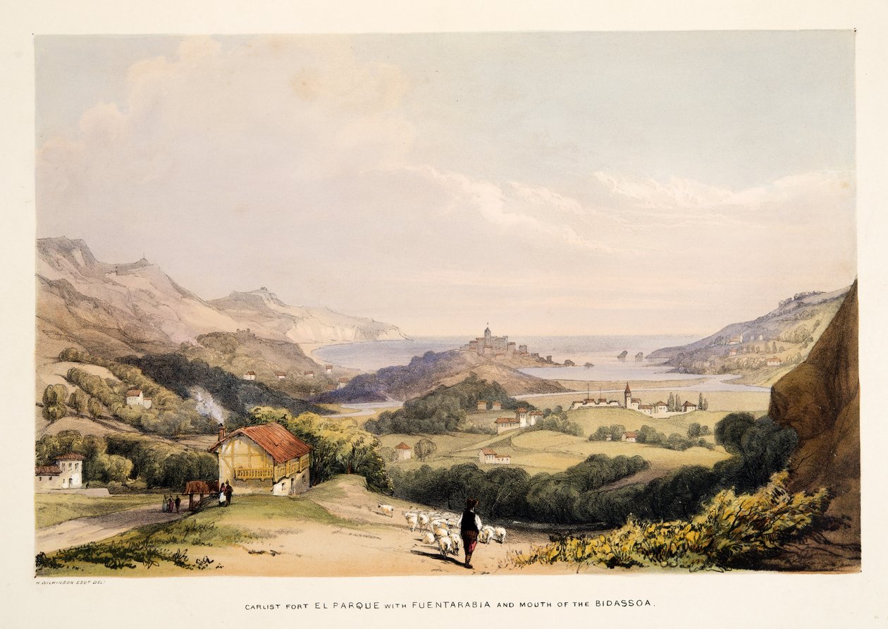 Carlist Fort, El Parque, med Fontarabia och Mouth of the Bidassoa, från Skisser av landskap i de baskiska provinserna i Spanien, med ett urval av nationell musik ?, pub. 1838 (handfärgad gravyr) av Henry Wilkinson