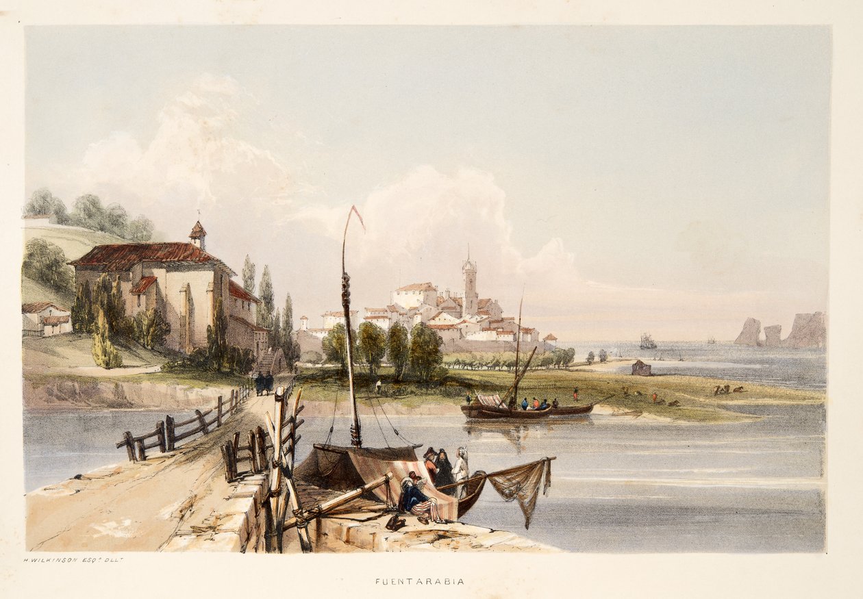 Fontarabia, med klostret och bron Capauchinos, från Sketches of scenery i de baskiska provinserna i Spanien, med ett urval av nationell musik ?, pub. 1838 (handfärgad gravyr) av Henry Wilkinson