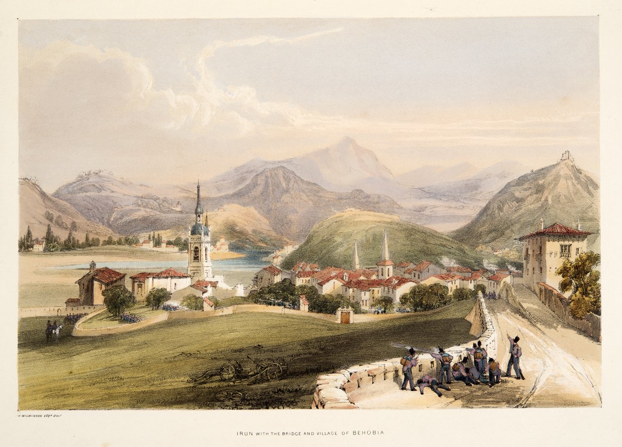 Irun, med berget San Martial och bron Capauchinos, från Sketches of scenery i de baskiska provinserna i Spanien, med ett urval av nationell musik ?, pub. 1838 (handfärgad gravyr) av Henry Wilkinson