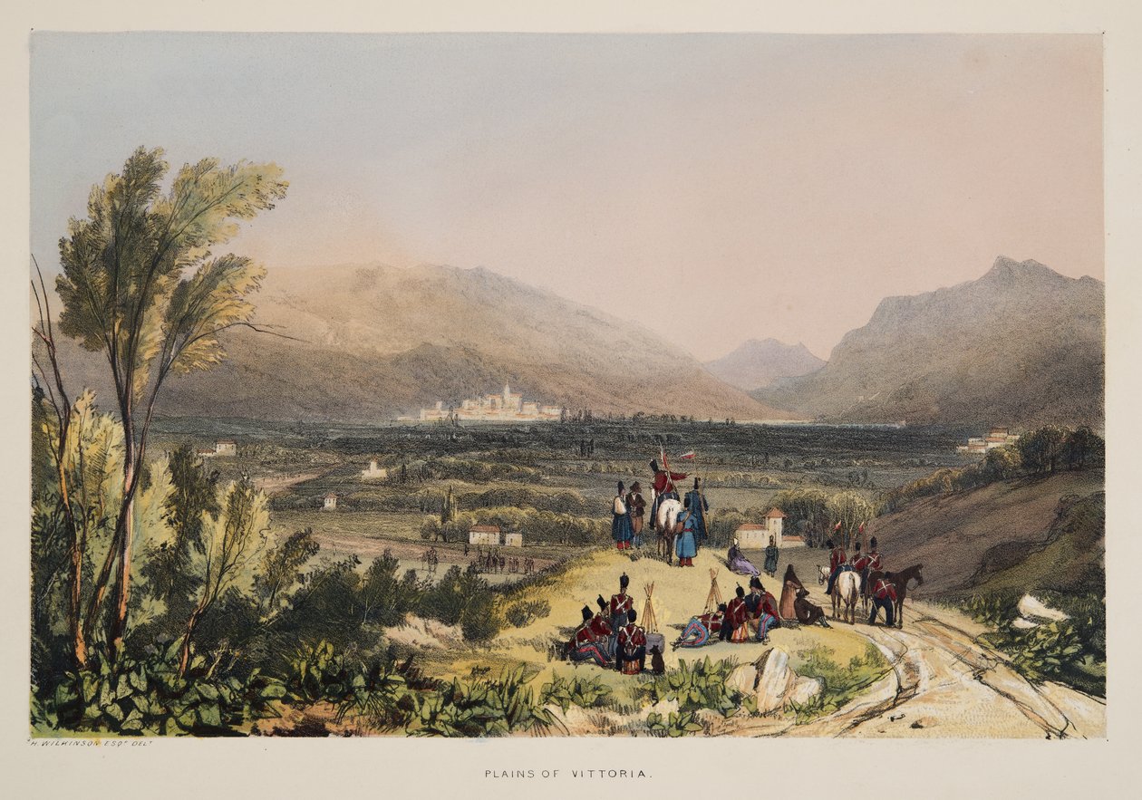 Plains and City of Vitoria, från Skisser av landskap i de baskiska provinserna i Spanien, med ett urval av nationell musik ?, pub. 1838 (handfärgad gravyr) av Henry Wilkinson