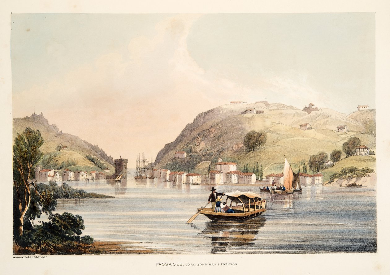 Position av Lord John Hay, vid Passages, från Sketches of scenery i de baskiska provinserna i Spanien, med ett urval av nationell musik ?, pub. 1838 (handfärgad gravyr) av Henry Wilkinson