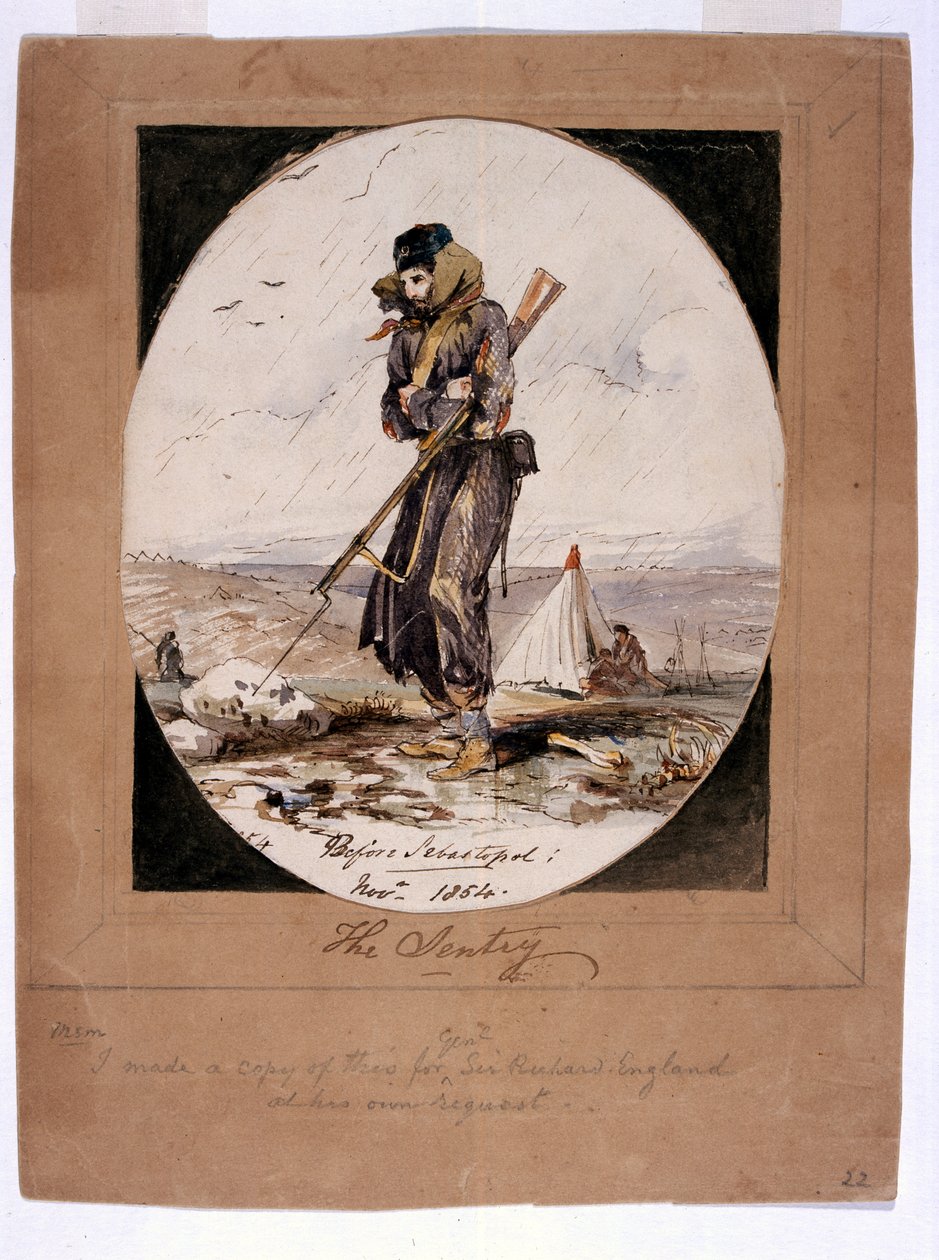 Vakten, före Sebastopol, 1854 (penna och bläck med wc på papper) av Henry Wilkinson