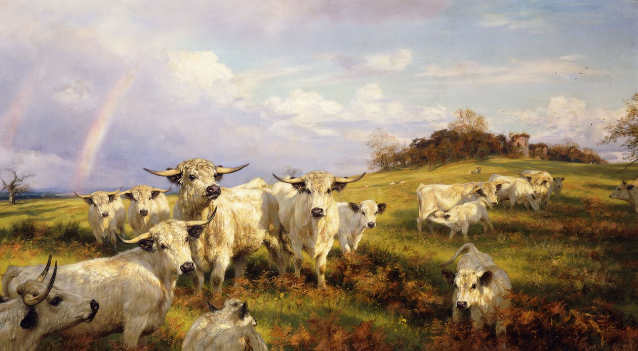 Wild Cattle of Chartley, Chartley Castle Beyond, 1902 av Henry William Banks Davis